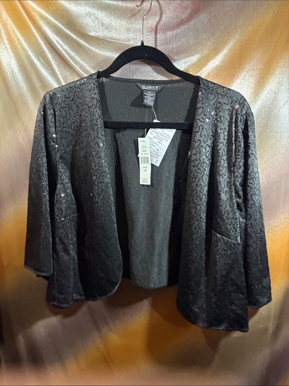 Glamour 2X Black Sequin Open-Front Blazer Jacket F3